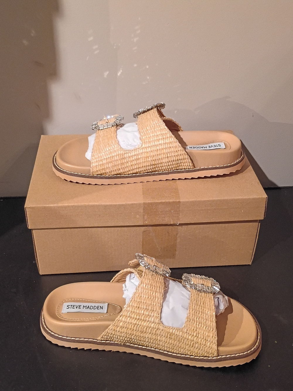 Steve Madden Natural Woven Slide Sandals with Crystal Buckles
